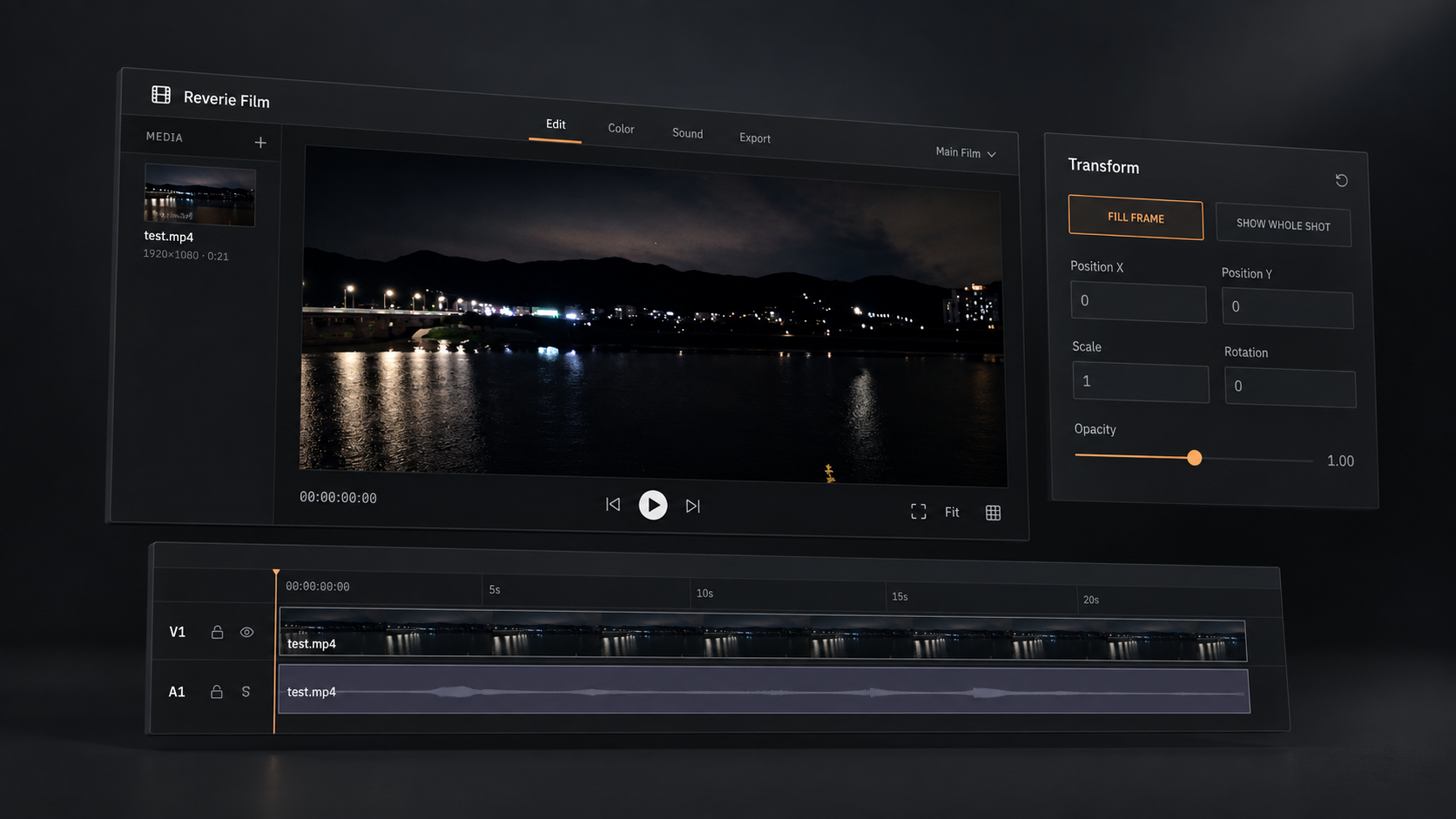 Reverie Film screen showing a dark video-editing interface and timeline